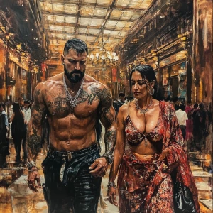 realism art.A sweaty beefy muscular son in law criminal walking...