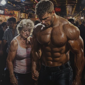 Hyperrealism,a muscular beefy sweaty man,walking entering in a...