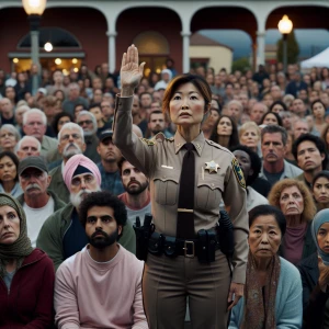 A deputy sheriff instructing a gathered crowd to remain silent a...