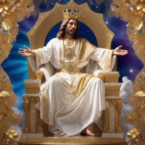 Describe a majestic scene of Jesus in a white robe with a blue s...