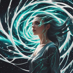 Design a watercolor illustration showing a woman emitting a supe...