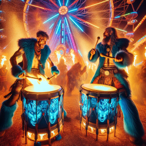 A psychedelic carnival in Texas,  Two Drummers wearing blue wolf...