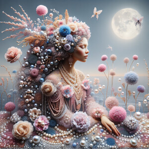 "Create an image of a majestic light skin Hawaiian woman whose f...