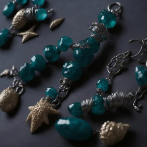 "A three-layered anklet featuring turquoise and green beads with...