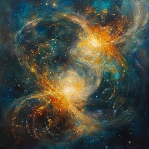 In the depths of an ancient cosmic tapestry, two distant stars s...