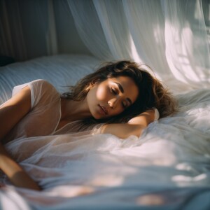 Beautiful woman waking up laying in a messy bed wearing a transp...