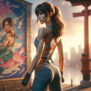 Athletic Thin skinny Attractive, Asian teenage girl, long brown hair and bangs, wearing tight skinny jeans and a halter top paint marks on her clothing, heroic pose Asian graffiti background, backside view