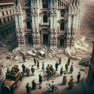 An aerial view of a damaged Milan Cathedral following Allied bom...