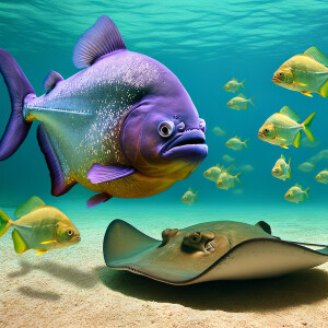 Purple lime piranha with no teeth playing with a stingray
