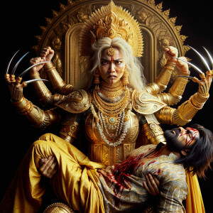 portrait of angry looking goddess durga cosplayer sitting on a gold crown and carrying a weak mahishasur cosplayer on her lap and she is stabbing his belly  with her amazing long fingernails. She is wearing gold armor, a huge gold crown, gold saree, abundant  gold jewelry, covered in blood. The scene is set in ancient India. The image is 8K resolution, photography, cinematic, ultra detailed face and epic