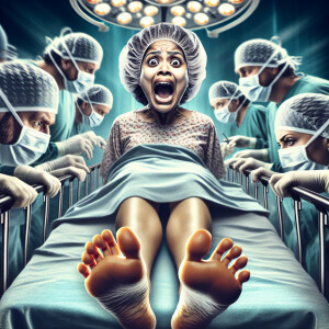 23 year old panicked Spanish woman wearing surgical bouffant cap...