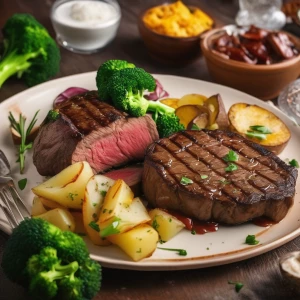 Steak broccoli and baked potatoes
