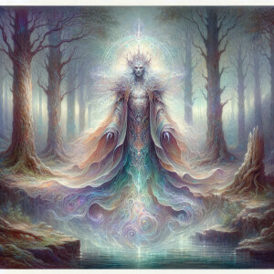 In a misty forest clearing, an enigmatic enchanter stands tall,...