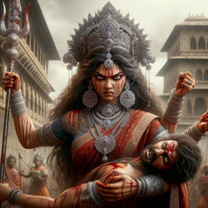 portrait of angry looking goddess durga  carrying a short mahishasur in her two arms and stabbing him with her amazingly designed trident. She is wearing a huge silver crown, red saree, abundant silver jewelry, covered in blood. The scene is set in ancient India. The image is 8K resolution, cinematic, ultra detailed face and epic.