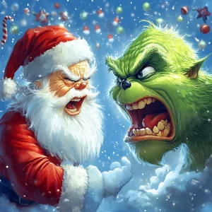 Generate a picture with Santa Claus on the left and the Grinch o...