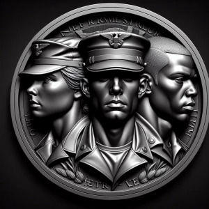 Design a high-contrast grayscale 3d bas relief of three marine soldiers, The composition should be circular like a coin emblem, designed for CNC routing with balanced lighting to accentuate fine details, sharp edges, and distinct textures. Employ deep shadows and strong highlights to define planes and surfaces clearly.