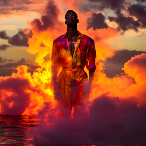 Create an image of an African American man enveloped in smoke, w...