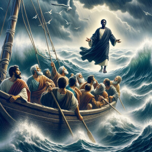African-American Jesus telling Peter to come walk on the water,...