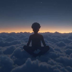 Please generate a black person floating above the clouds at nigh...