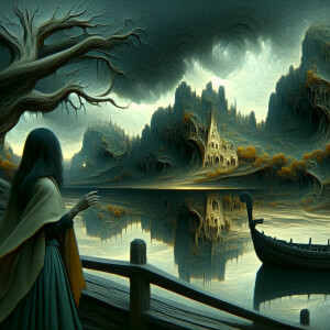 A girl stands in horror near a terrible lake in the morning