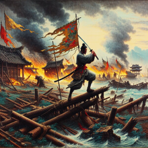 A lone swordsman standing on the rubbles of destroyed huts, surr...