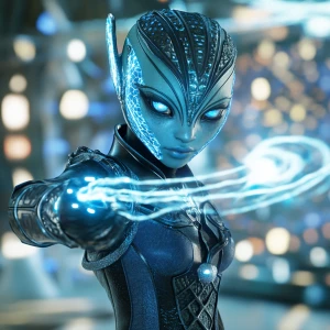 Create a 3D Anagraph art illustration of a female alien characte...