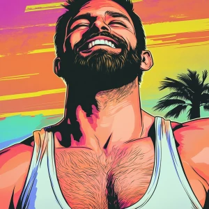 White muscular thin man with beard, big chin, smile and cheekbon...