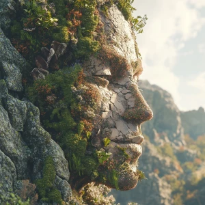 Generate an 8K UHD 3D image of a human face integrated into a Rocky Mountain landscape, with local wildlife and plants intricately forming the features of the face, ensuring a seamless and photorealistic result that merges human and nature elements cohesively.