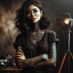 Gothic tattooed girl wearing glasses and t-shirt posing for a ph...