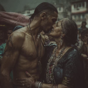 Hyperrealism photo painting. a muscular, sweaty criminal kashmir...