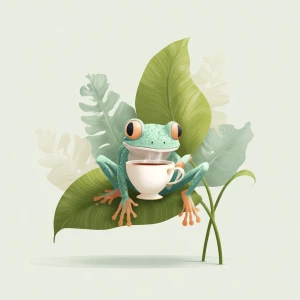 Happy frog sipping tea on a leaf, soft green tones, isolated on...