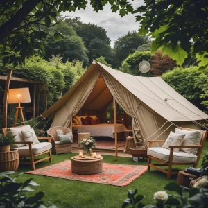 Glamping party set up in a beautiful garden