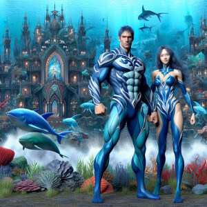 Muscular Aquaman and slender Aquawoman posing side by side in fr...