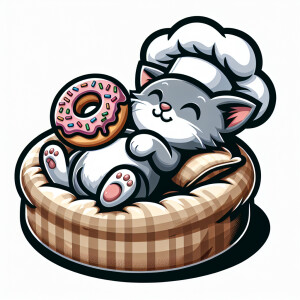 A gray kitten with a chef hat on its head eating a donut on a ca...