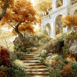 Autumn Garden Stairway with Tower
	•	Setting: A fantastical autu...