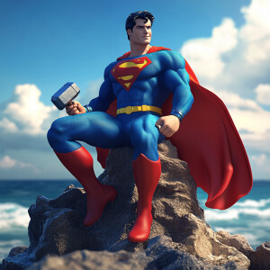 Design a 3D anime-inspired scene with Superman seated on a seasi...