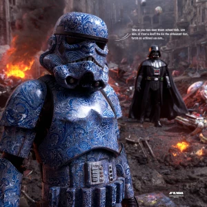 A rebel stormtrooper, distinctly wearing **blue paisley print ar...