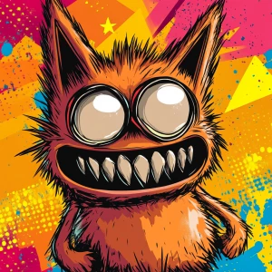 Stylized character portrait of a mischievous designer toy creat...