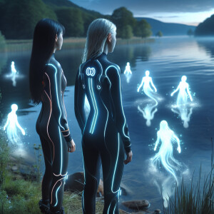 Two girls are standing near the lake at night in a hydro suit an...