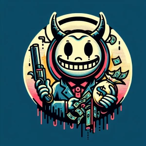 Design a cartoon-style circular logo featuring a cheeky demon we...