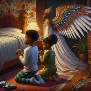 An oil painting of two African-American children with dark skin,...