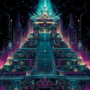 A futuristic cyberpunk Aztec temple glowing in neon hues of cyan...