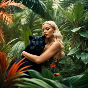 A Beautiful blonde woman embracing her black panther amidst a lu...