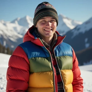 A young man wearing a multi-colored puffy down jacket