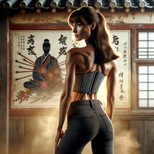 Athletic Thin skinny Attractive, Asian teenage girl, long brown hair and bangs, wearing tight skinny jeans and a halter top paint marks on her clothing, heroic pose Asian graffiti background,  backside view