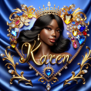Craft a 3-D image showcasing the name 'KAREN' in a luxurious gol...