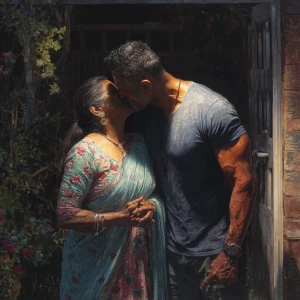 Hyperrealism painting.a muscular sweaty indian man standing in...