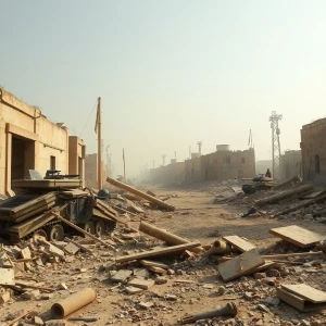 A realistic combat zone with a lot of debris in Iraq during the...