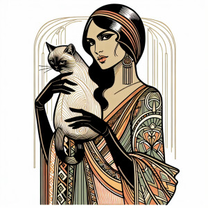 An erté type of drawing in color with the woman holding a cat