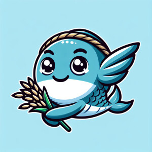 Create a mascot in the form of a blue flying fish with cute expr...